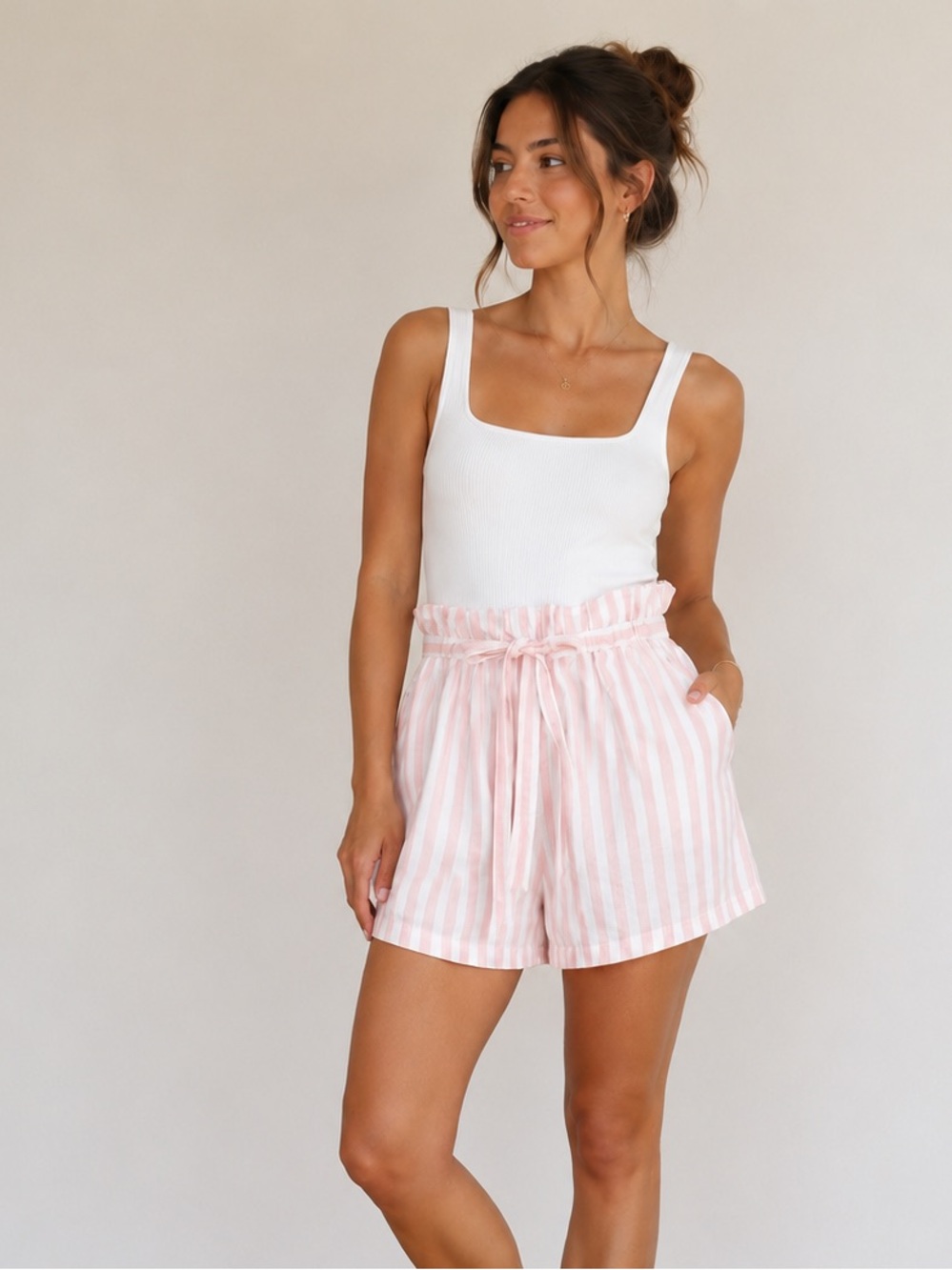 CYNTHIA ROWLEY 100% linen Pink and White Striped Paperbag Shorts